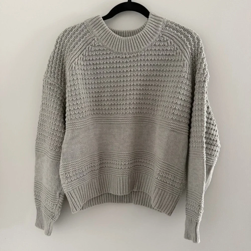 Gray Waffle Chunky Knit Raglan Crewneck Sweater L Casual Cabincore Cozy Outdoor‎
